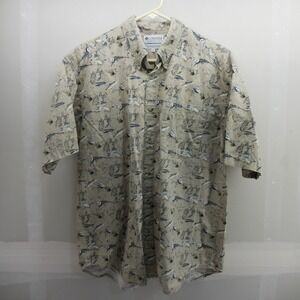 Columbia Mens Large Fly Fishing Trout Print Short Sleeve Button Down Shirt Tan